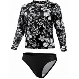 NEW Wonder Nation Girls Rash Guard Swimsuit 2-Piece Black Floral Size 6/6X